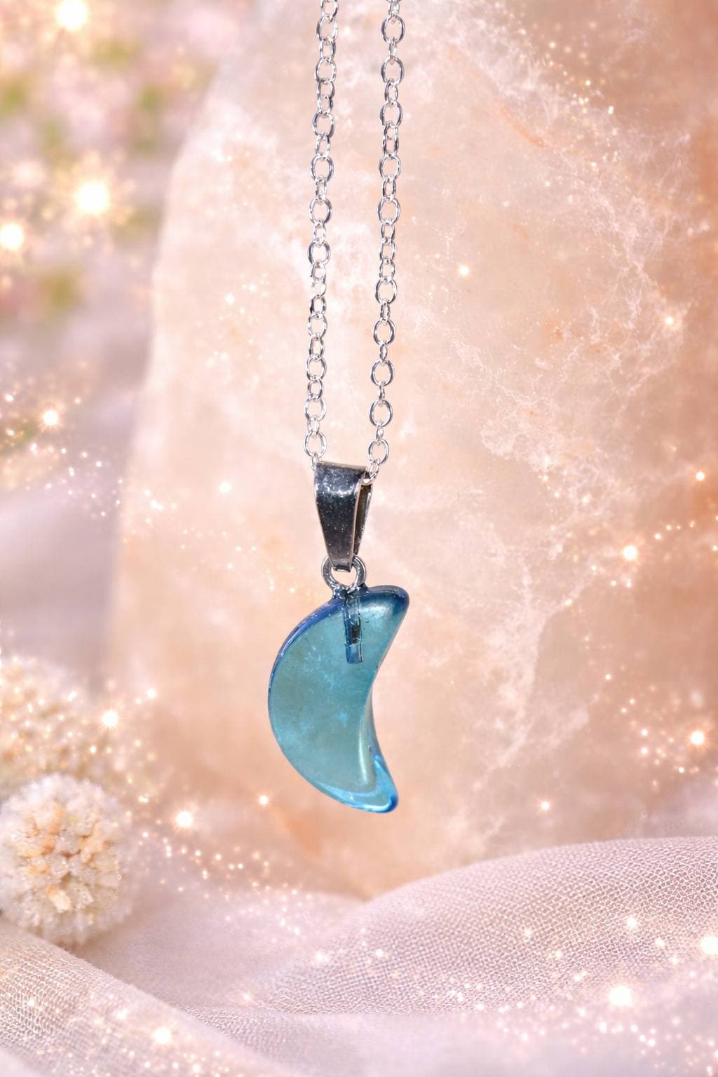 pendentif lune bleu avec chaîne en acier inoxydable